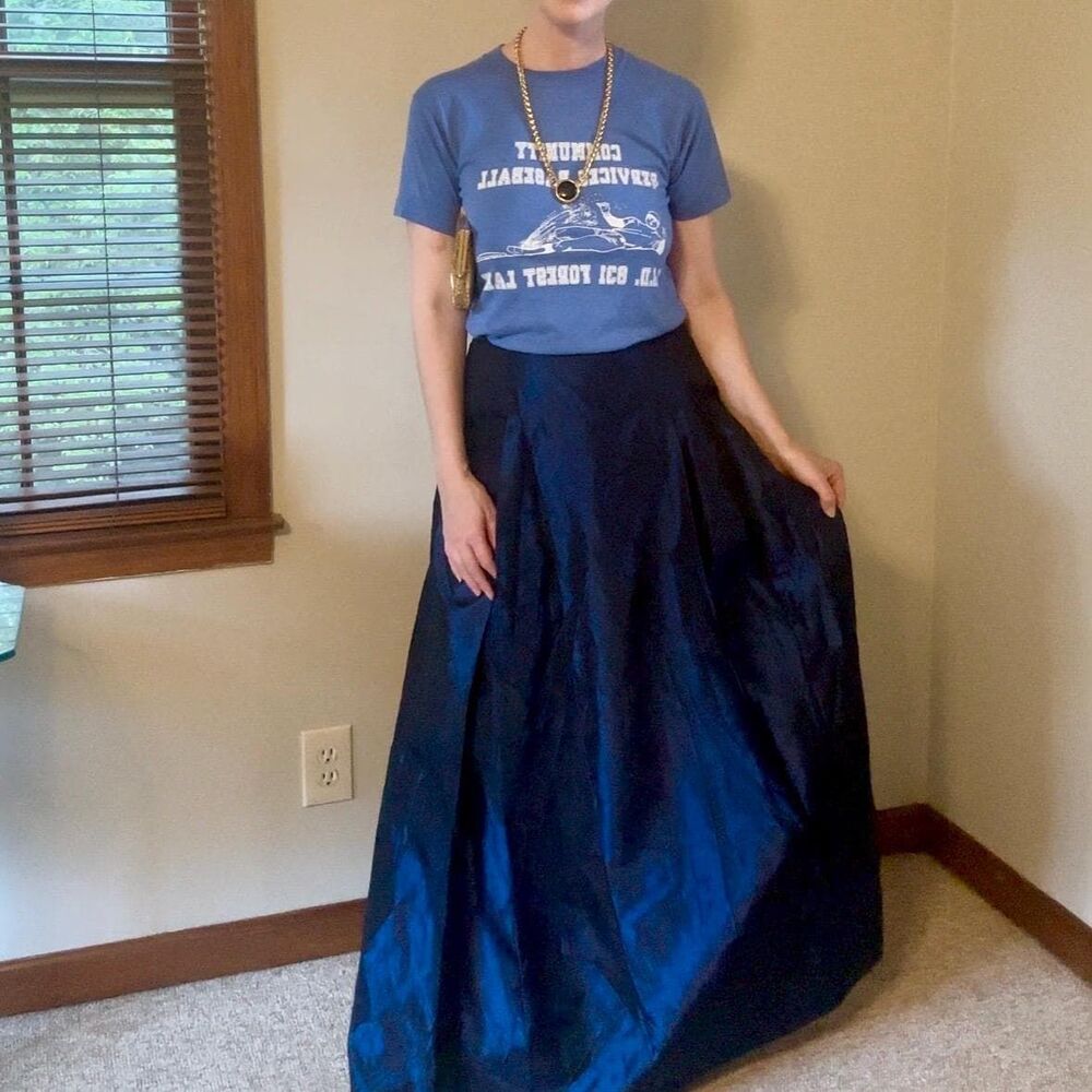 Vintage Y2K Navy Blue Scott McClintock Taffeta Maxi Ball Skirt Size 12